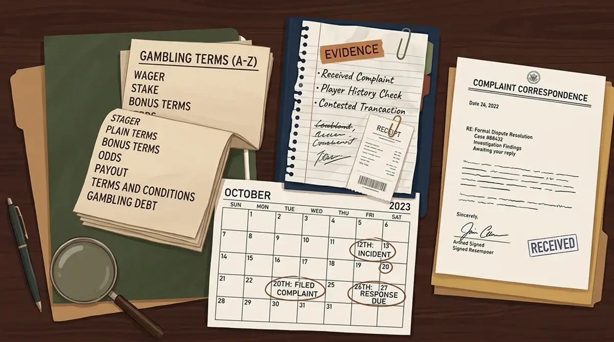 Plain gambling terms, complaint notes and saved evidence on a desk
