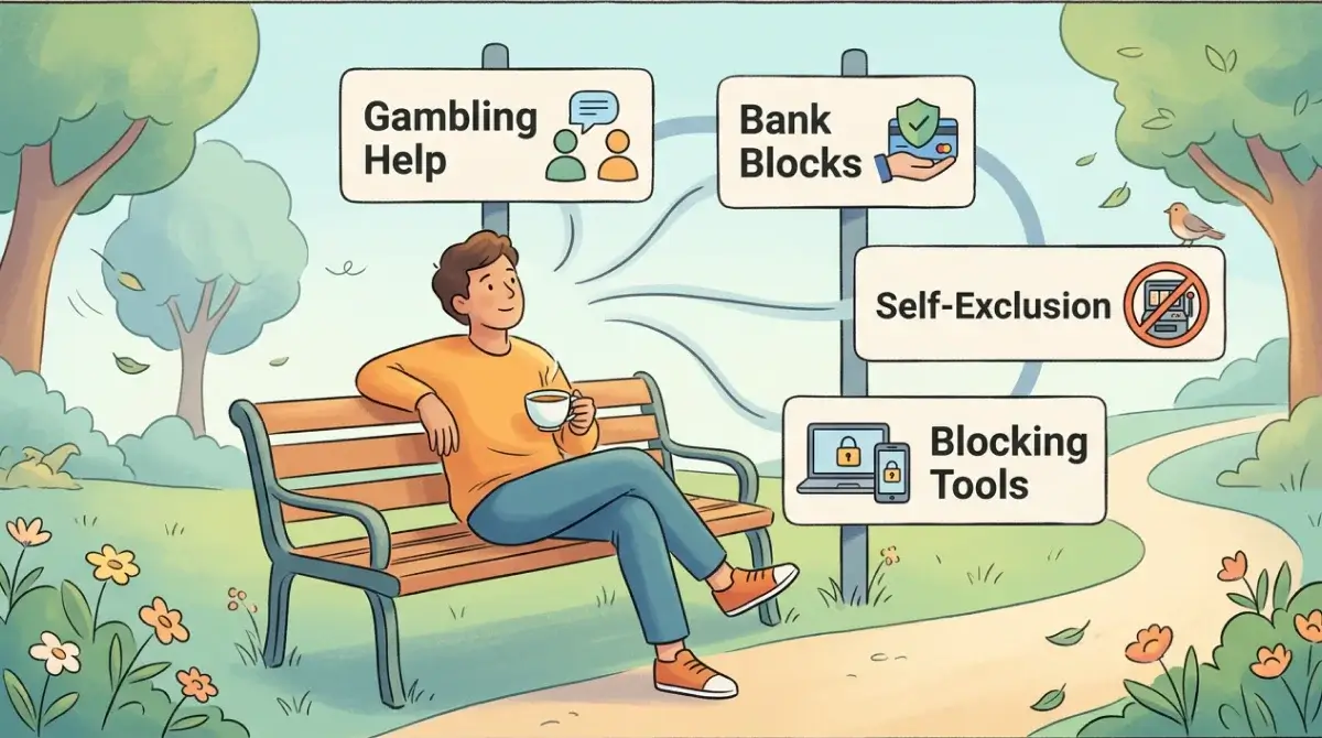 Calm signposting to gambling support, bank blocks and self-exclusion tools