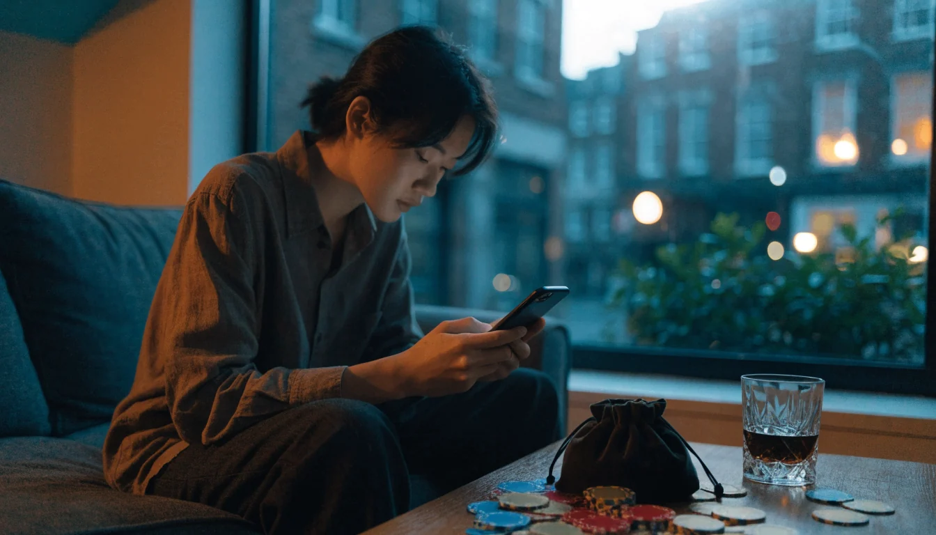Person relaxing on sofa with smartphone, casino chips and whisky glass on coffee table