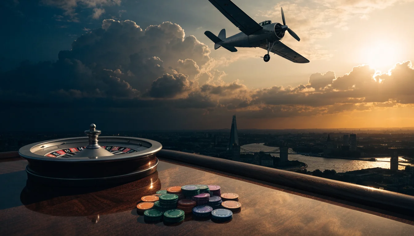 Vintage airplane flying above London skyline with roulette wheel and casino chips on a table below