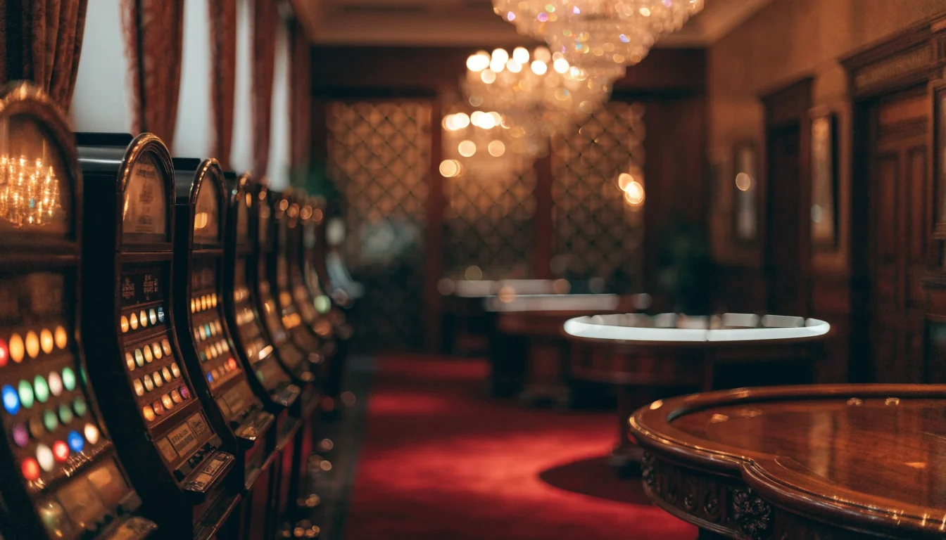 Elegant UK casino interior with slot machines and warm golden lighting