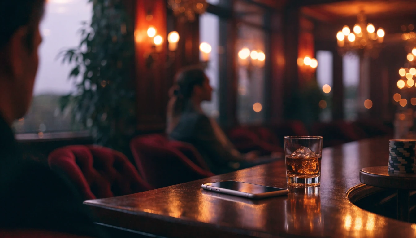 Elegant British casino lounge with poker chips and a face-down phone