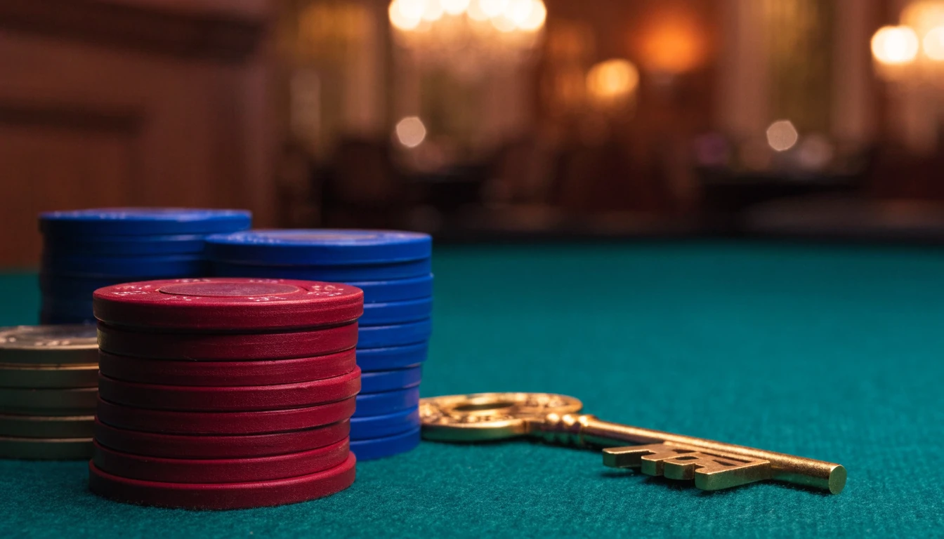 Stacks of colourful casino chips beside a golden key on green felt in a warm British casino lounge