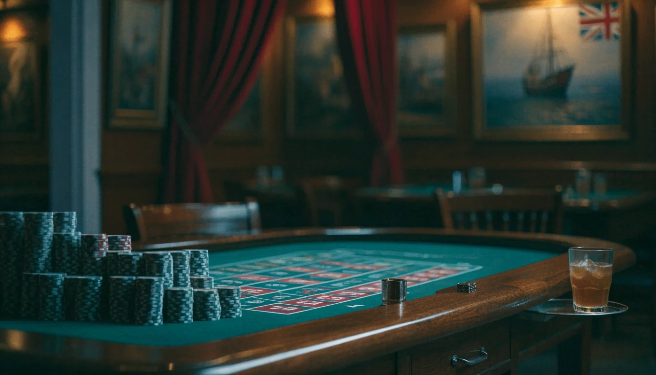 Classic British casino lounge with roulette table and stacked chips under warm golden light.