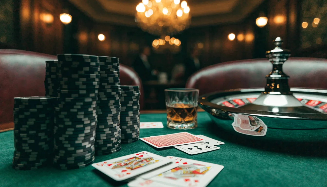 Luxurious high-stakes casino table with stacked chips, roulette wheel, and crystal glass