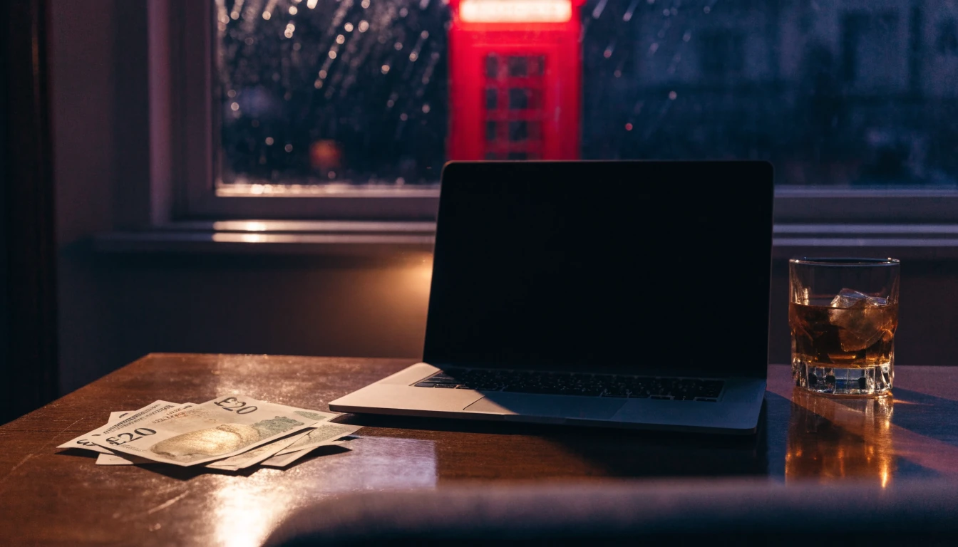 British online casino setting with laptop, pounds, and whisky on a dark desk near a rainy window.