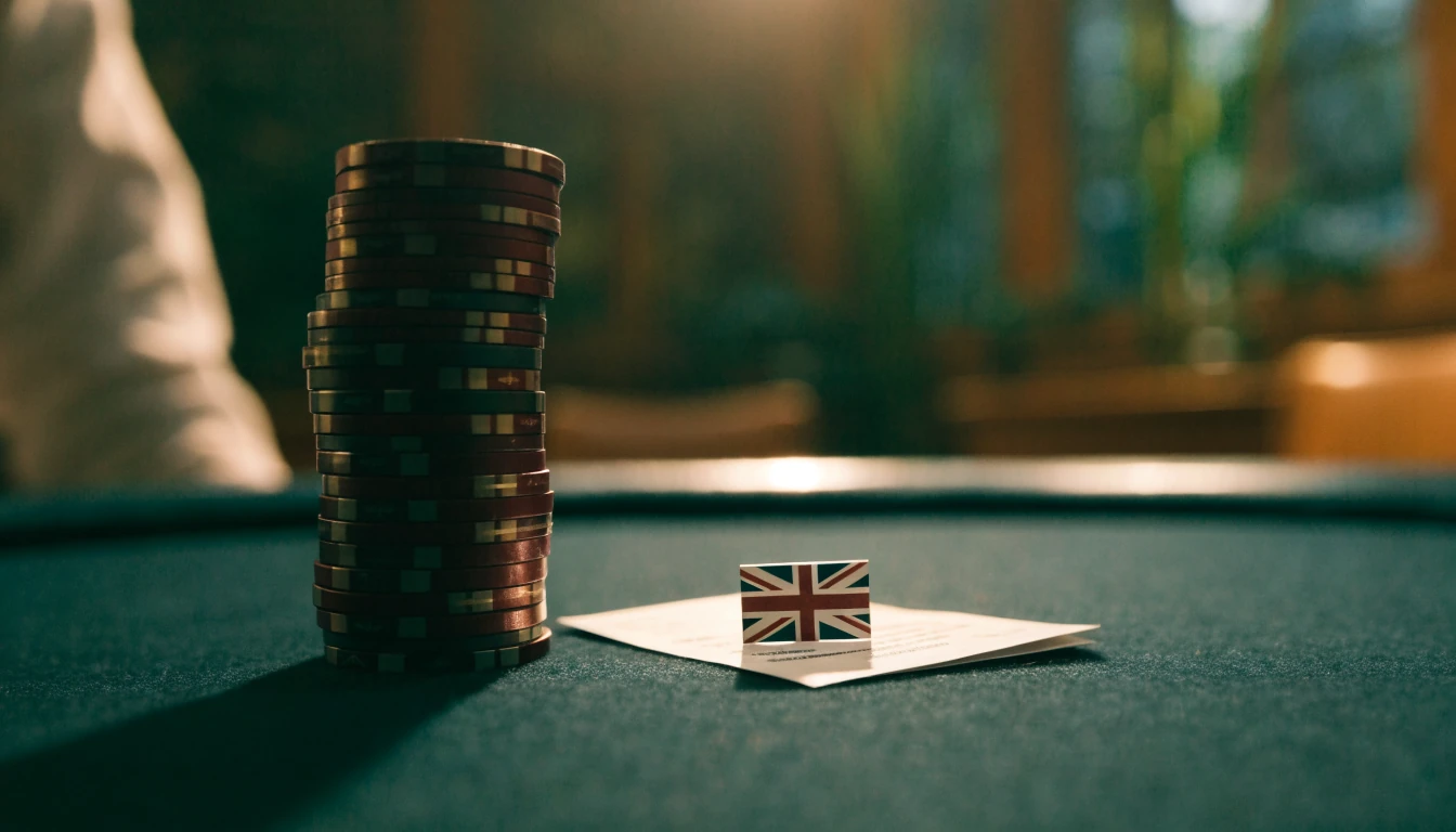 Casino chips, bonus voucher, and Union Jack detail on felt table