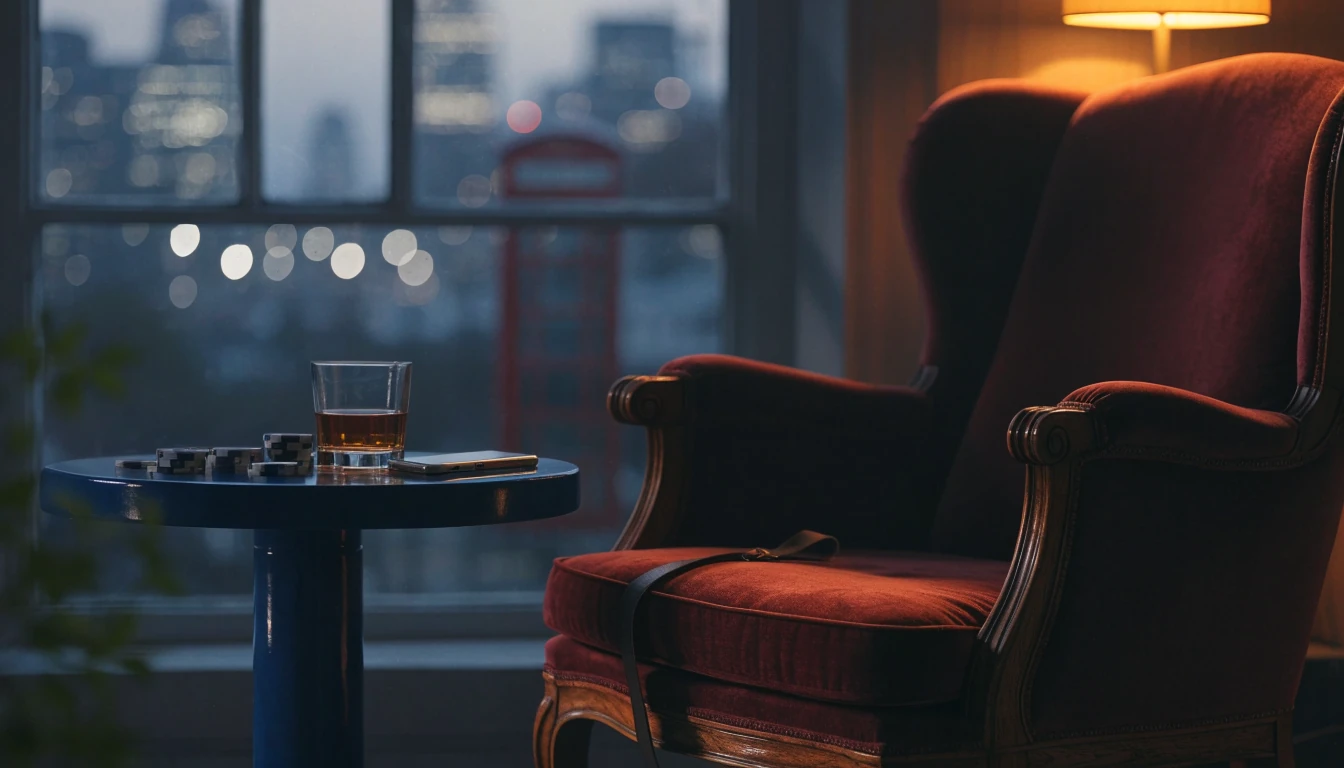 Moody London scene with poker chips, whisky, and a face-down phone on a velvet chair