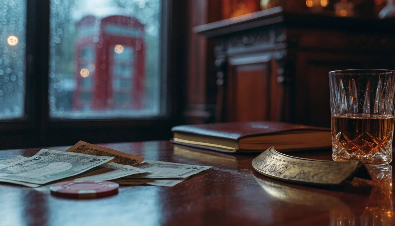Moody London desk scene with roulette, chips, pounds, and whisky