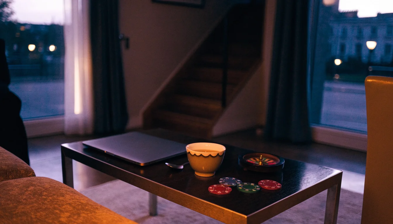 Modern London living room with closed laptop, casino chips, and tea at dusk