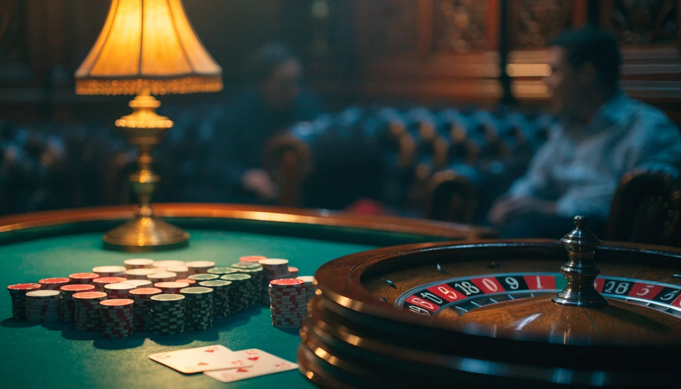 Elegant British casino table with chips, roulette wheel, and playing cards under warm lamp light