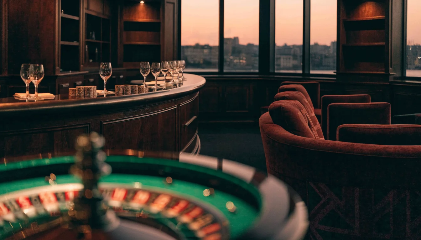 Elegant London casino lounge with roulette wheel and warm ambient lighting