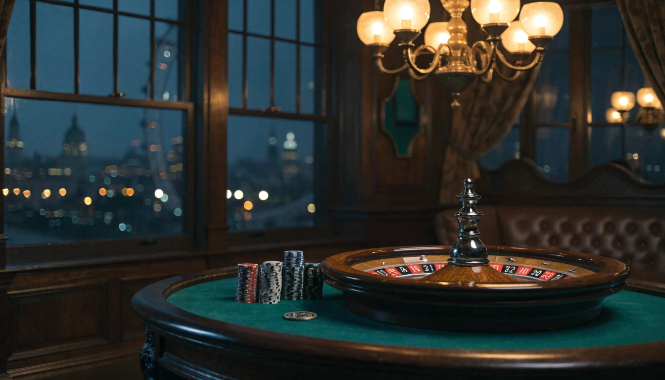 Elegant British private gambling room with roulette wheel and London skyline at night