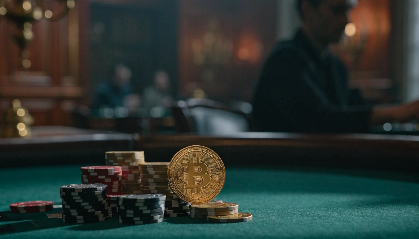 Golden Bitcoin coin and stacked casino chips on felt table in elegant British gaming lounge