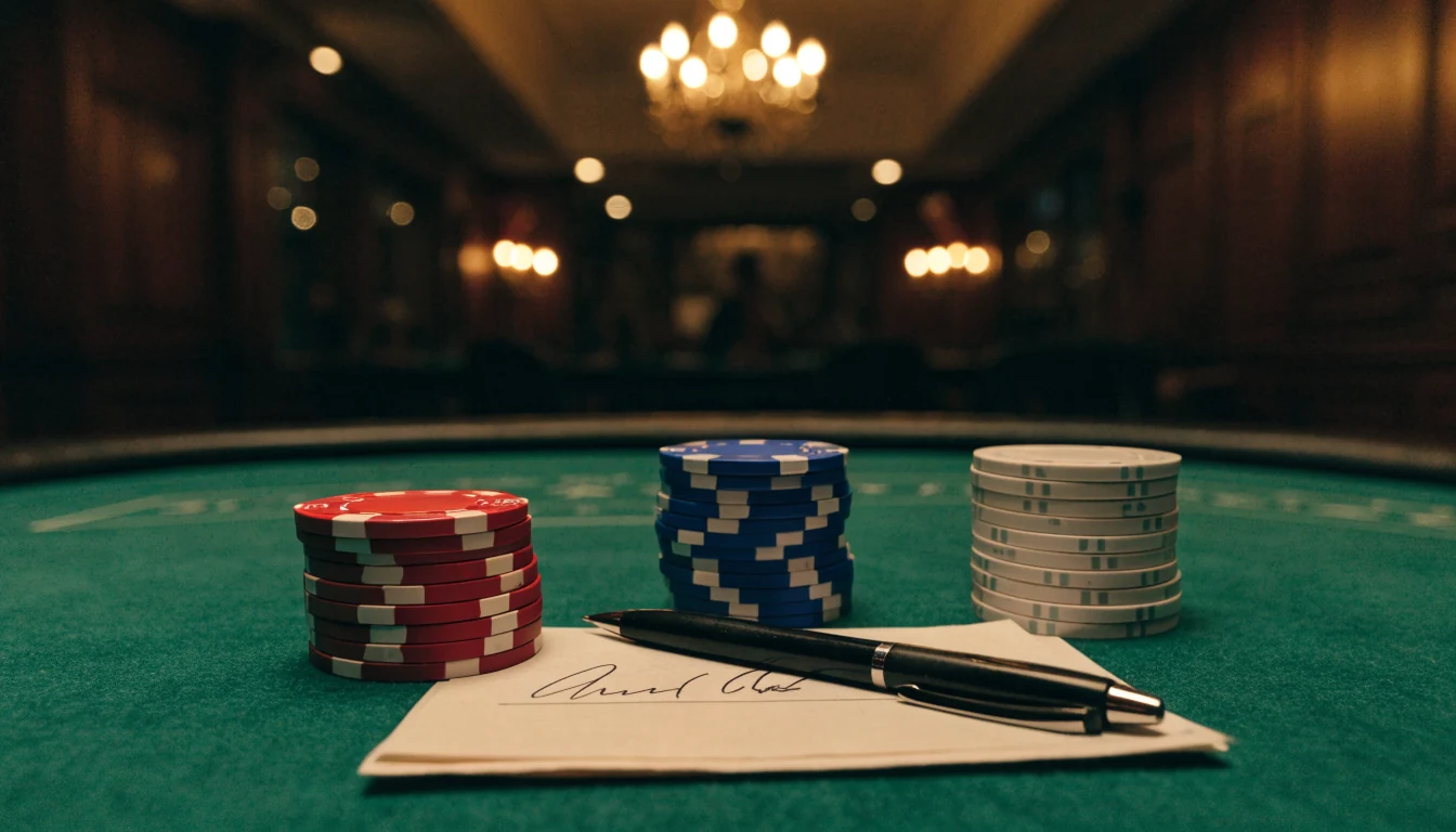 Signed paper cheque and pen on green felt casino table with stacked poker chips in a UK venue