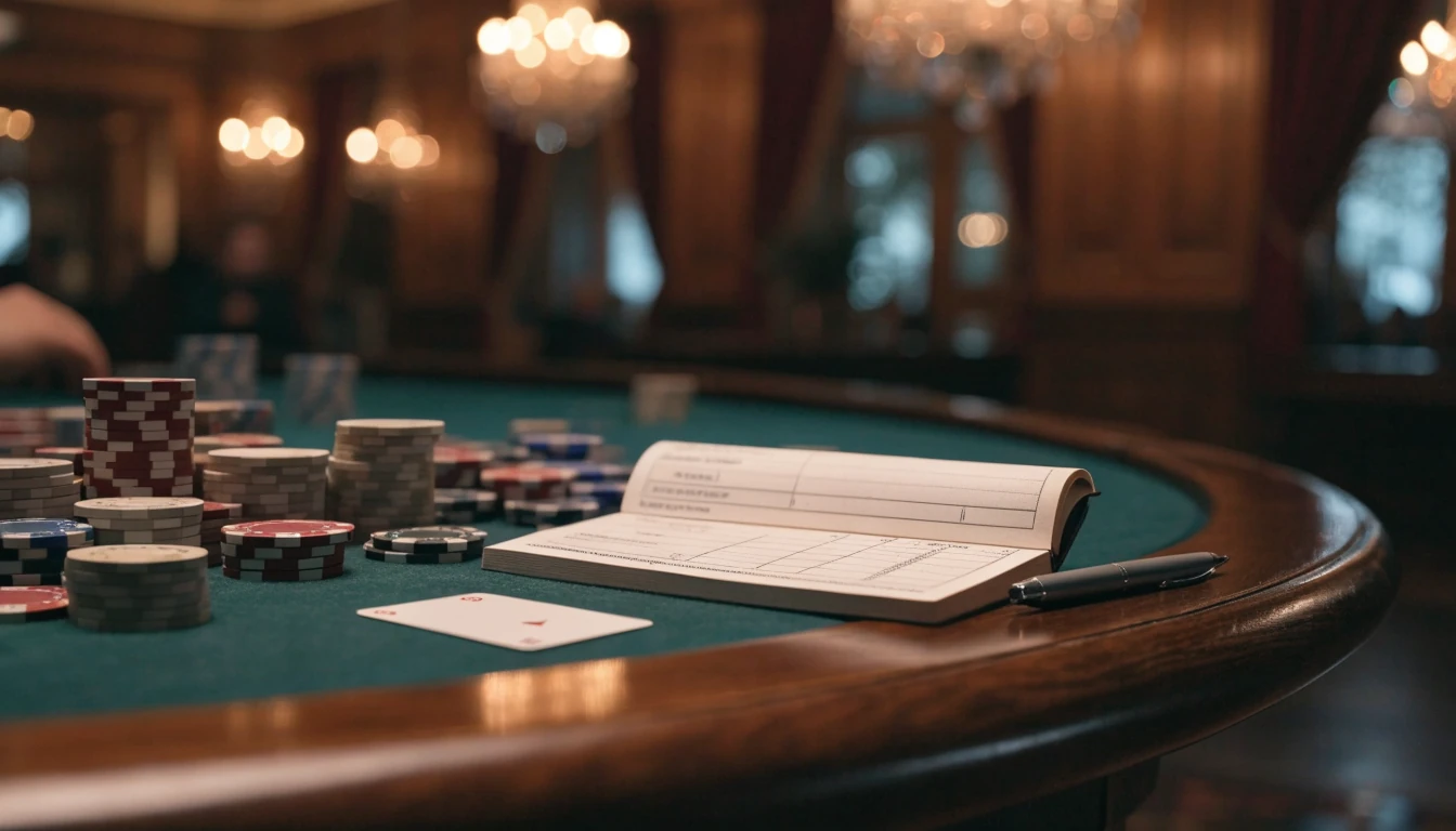 British casino table with poker chips, face-down playing card, and UK chequebook symbolising e-cheque payment method.