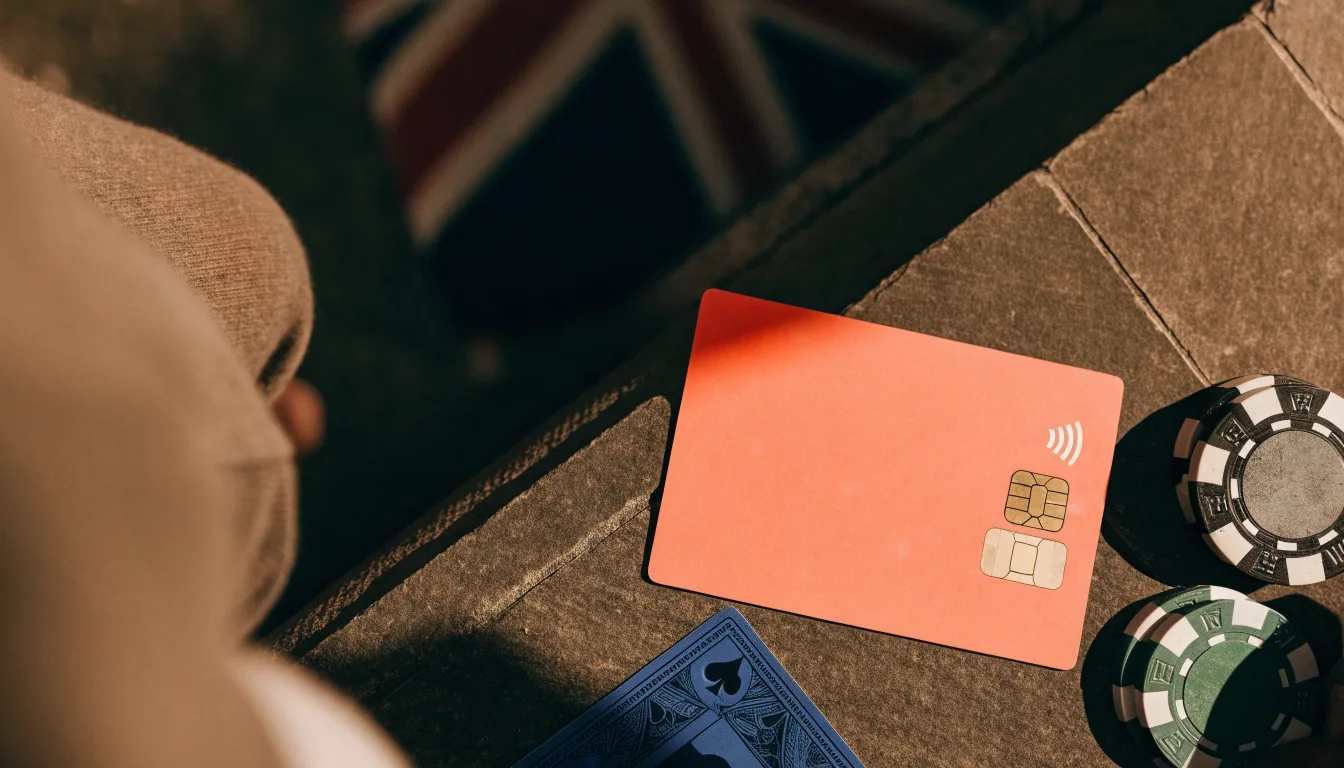 Monzo bank card next to casino chips and a playing card on a dark surface