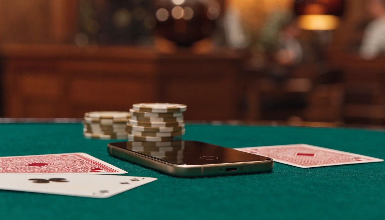 Smartphone resting on a green felt casino table with chips and cards in a warm British lounge setting