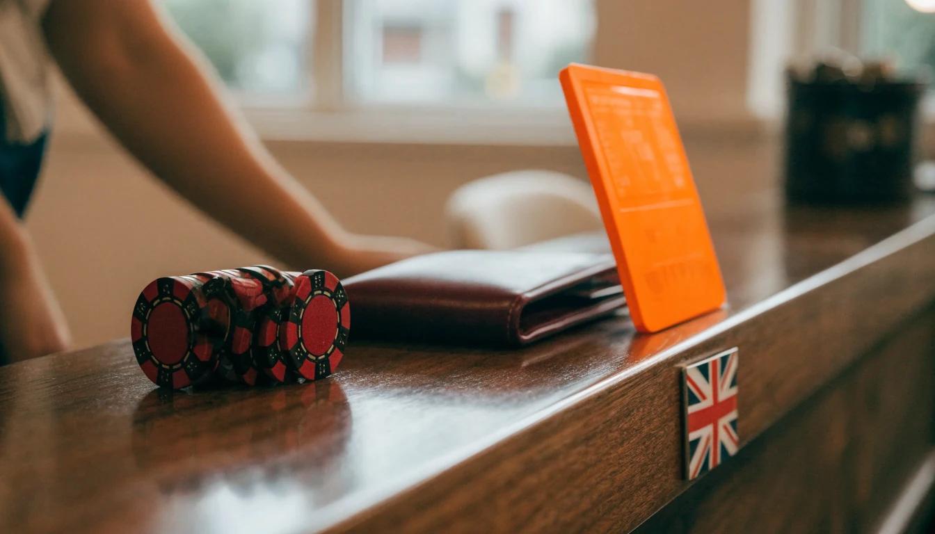 Casino cashier desk with orange Neosurf voucher and Union Jack detail in the UK