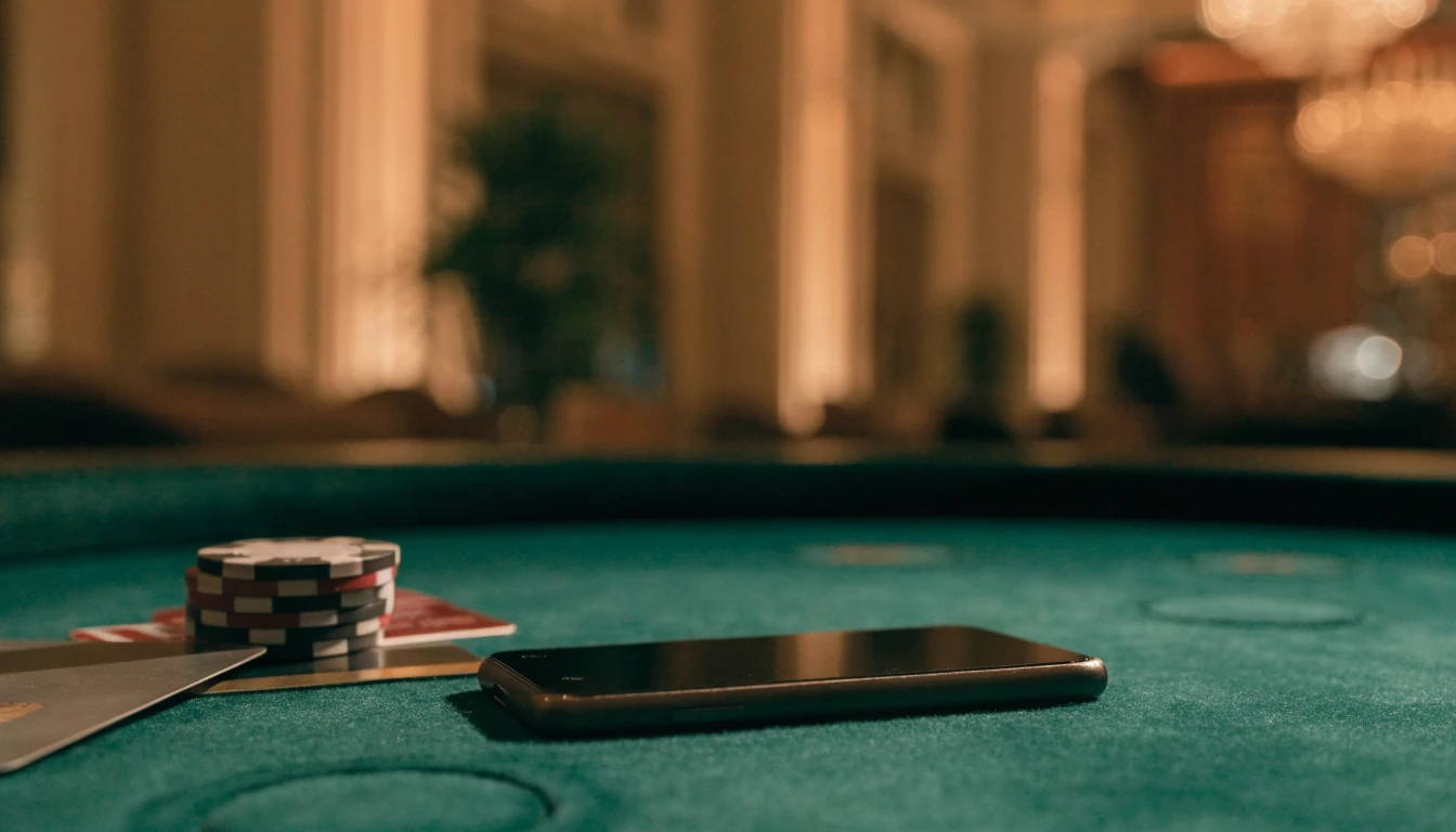 Smartphone and payment card on a green casino table with warm London casino lighting in the background