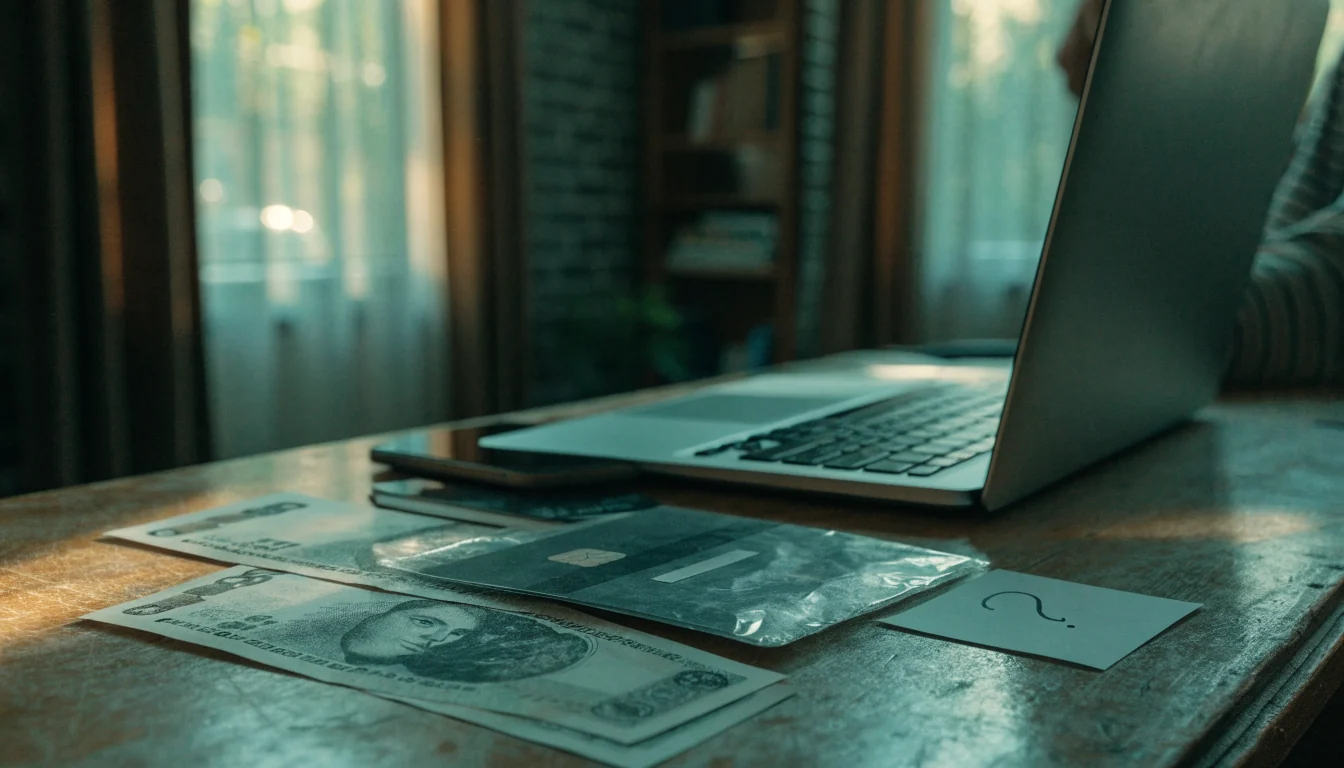 Face-down smartphone, turned-away laptop, and British pounds on a London desk, suggesting limited payment options.