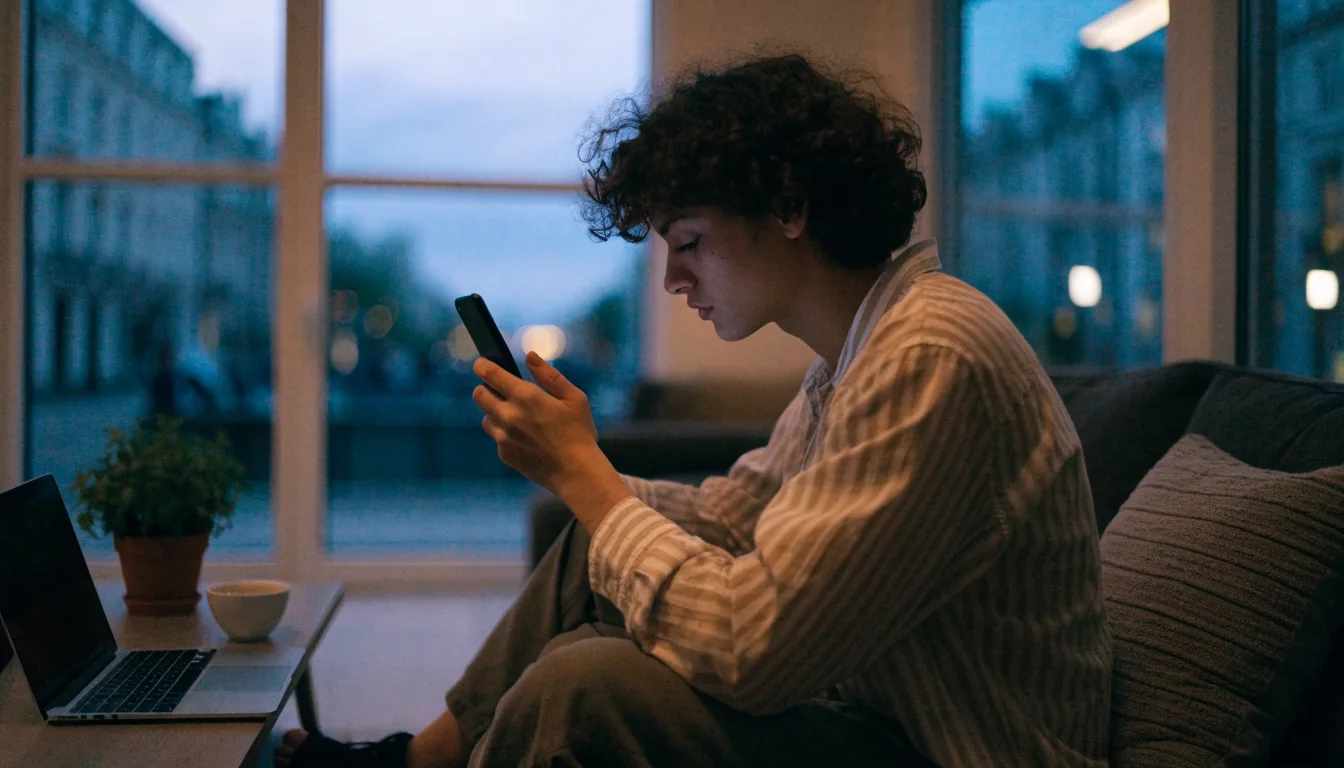 British person using smartphone in modern apartment at dusk