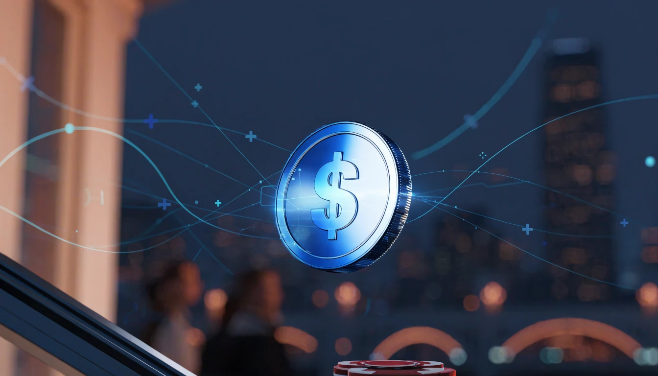 USDC coin floating above blurred London skyline and casino chips