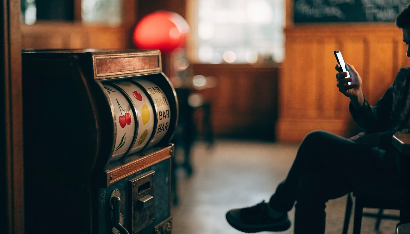 Vintage British pub fruit machine next to a modern player holding a smartphone in a contemporary UK pub