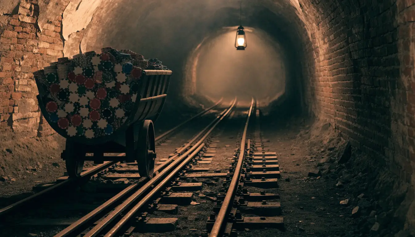 Old British mine tunnel with a cart full of colourful casino chips on rusted rails