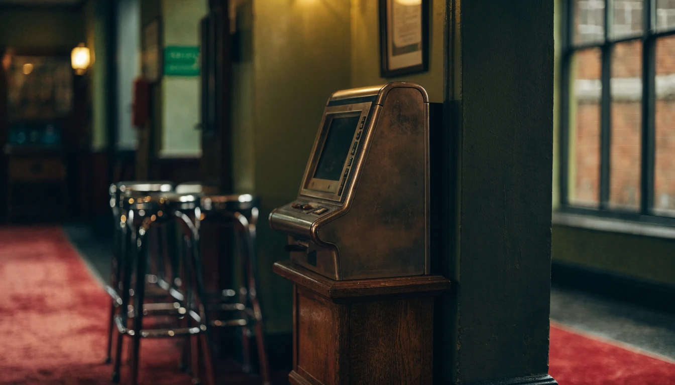 Classic slot machine in a dimly lit British betting shop
