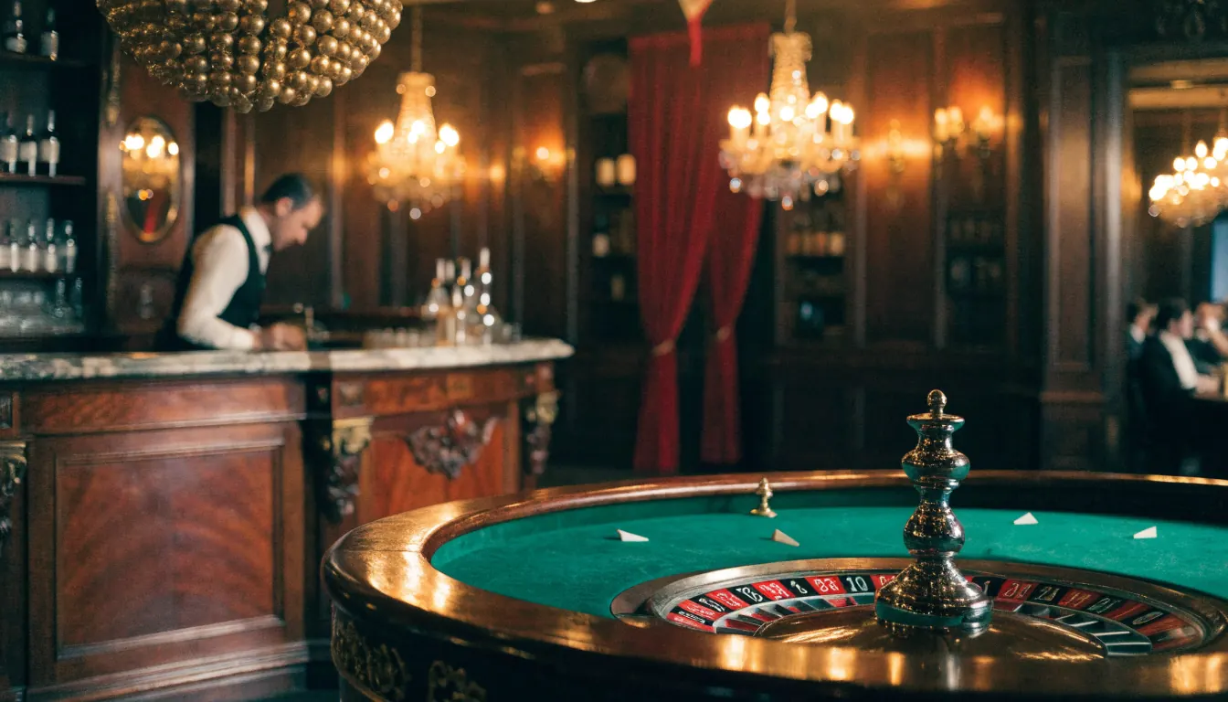 Elegant British casino interior with a green roulette table under warm chandelier light