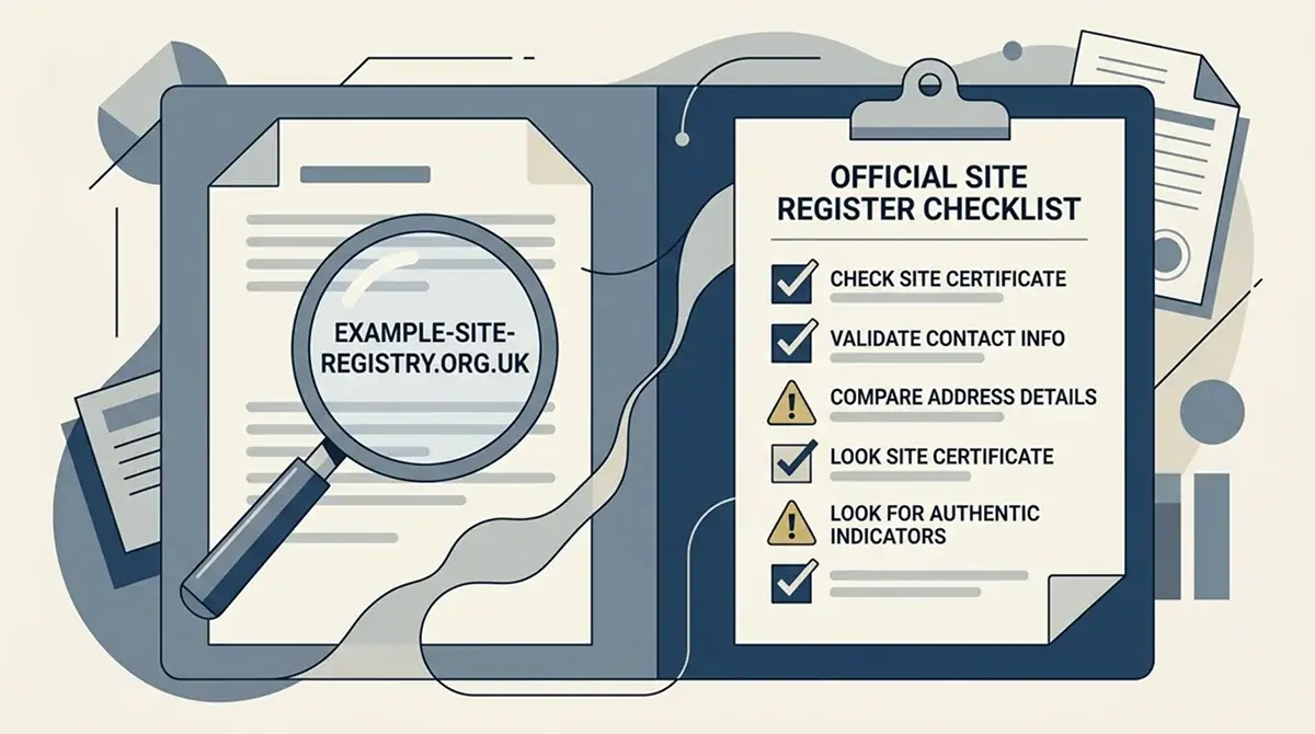 A neutral checklist comparing a gambling website name with official register details