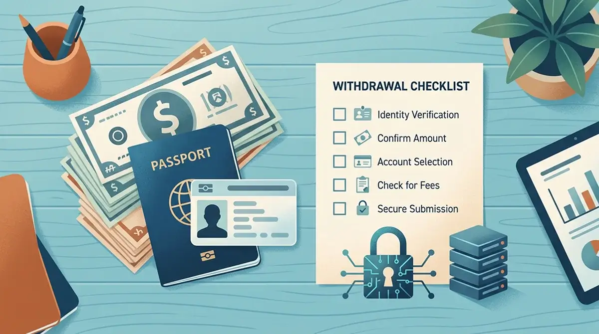 Payment notes and identity documents arranged beside a secure data symbol